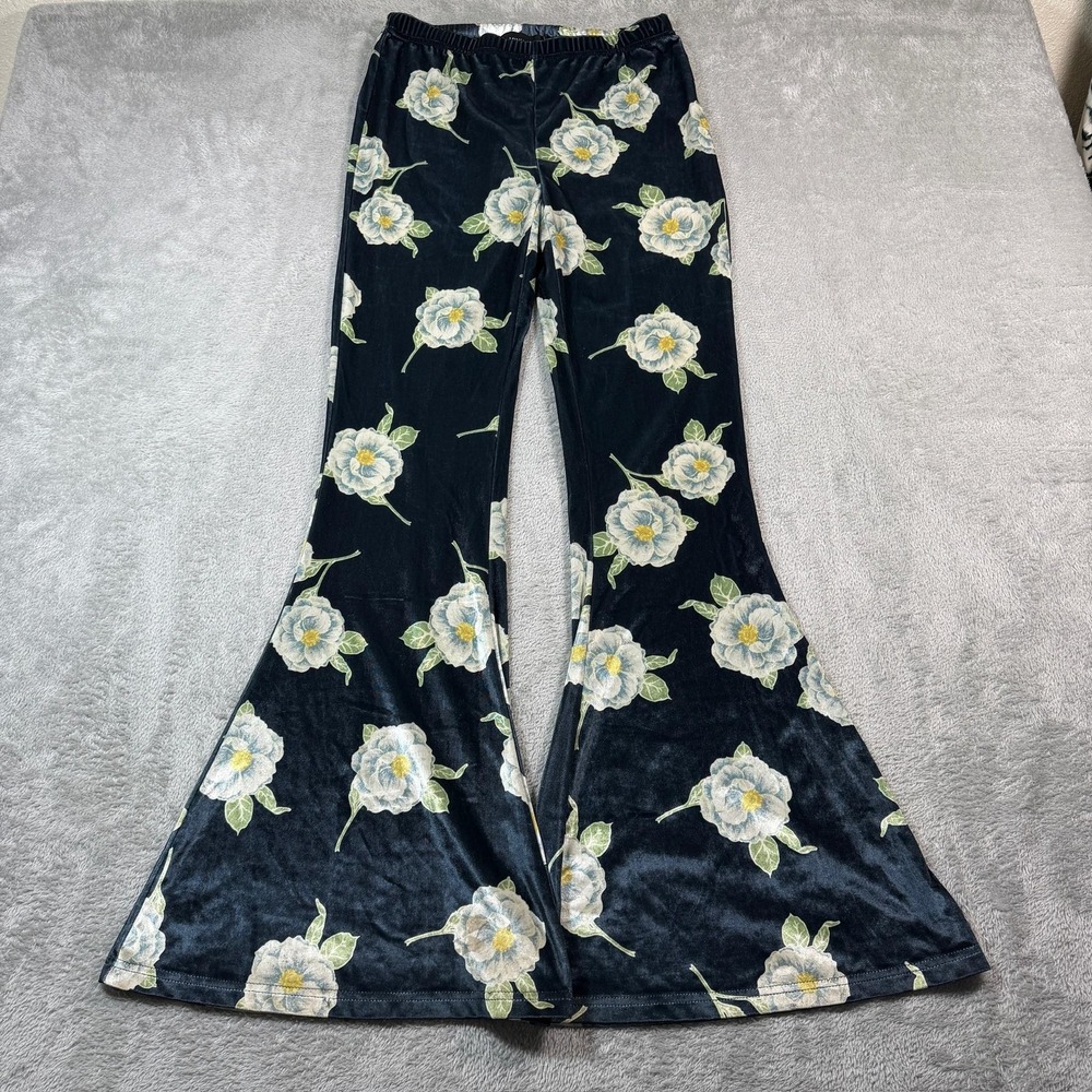 MINKPINK Flare Pants Womens Medium Blue Velvet Floral Bell Bottom Pull On